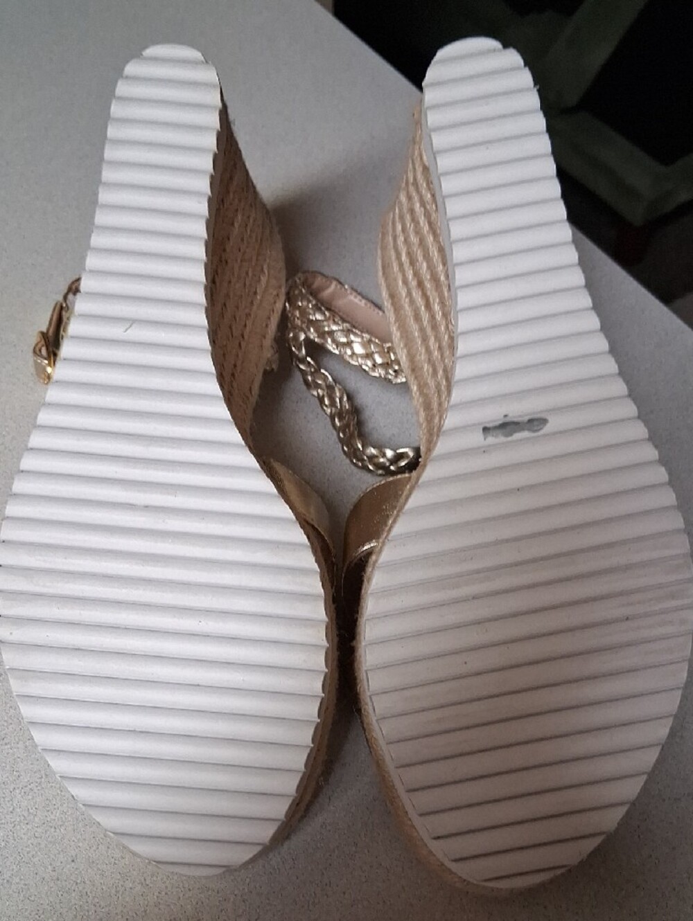 BNWT Stuart Weitzman MYKONOS Metallic Gold Braided Ankle Espadrille Wedges 7B - Picture 4 of 5